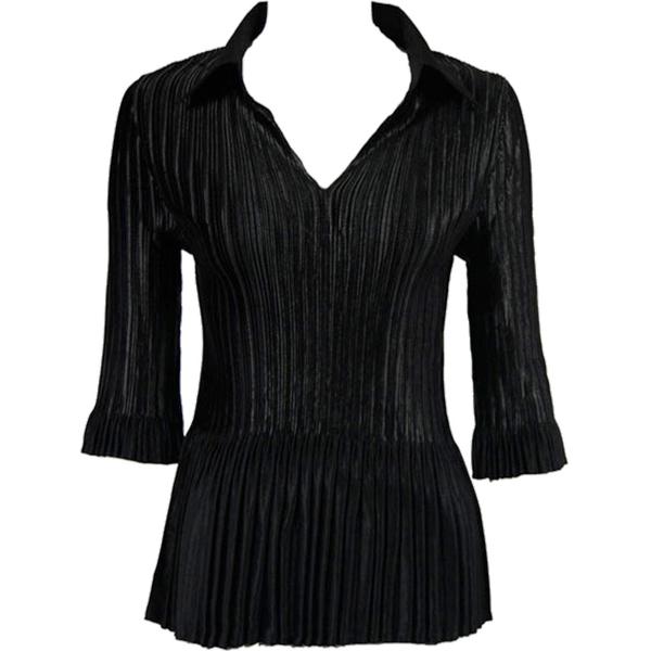 Wholesale 1148 - Satin Mini Pleats Blouses Solid Black Satin Mini Pleats - Three Quarter Sleeve w/ Collar - One Size Fits Most