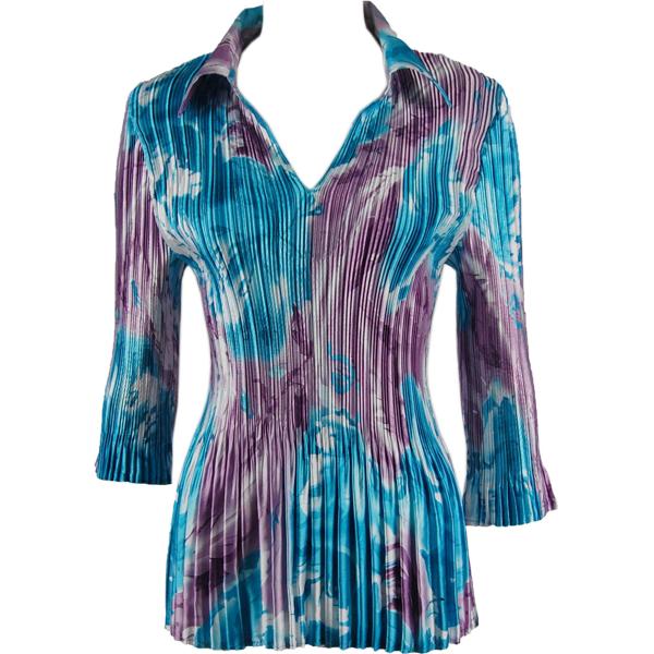Wholesale 1148 - Satin Mini Pleats Blouses Turquoise-Purple Watercolors Satin Mini Pleats - Three Quarter Sleeve w/ Collar MB - One Size Fits Most