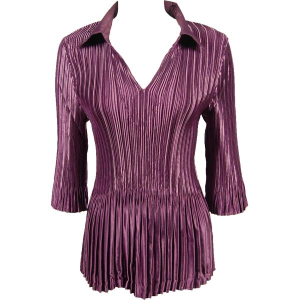 Wholesale 1210 - Satin Mini Pleat 3/4 Sleeve V-Neck Solid Eggplant Satin Mini Pleats - Three Quarter Sleeve w/ Collar - One Size Fits Most
