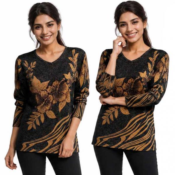 1227 - Beaded Long Sleeve Tops - #065<BR>Zebra Metallic Floral - Black-Gold MB One Size Fits Medium to Large 1227 - Beaded Long Sleeve Tops #065<BR>Zebra Metallic Floral - Black-Gold MB - One Size Fits Medium to Large
