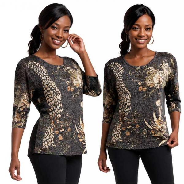 1227 - Beaded Long Sleeve Tops - #035<br>Giraffe Metallic Floral - Black-Tan One Size Fits Medium to Large 1227 - Beaded Long Sleeve Tops #035<br>Giraffe Metallic Floral - Black-Tan - One Size Fits Medium to Large