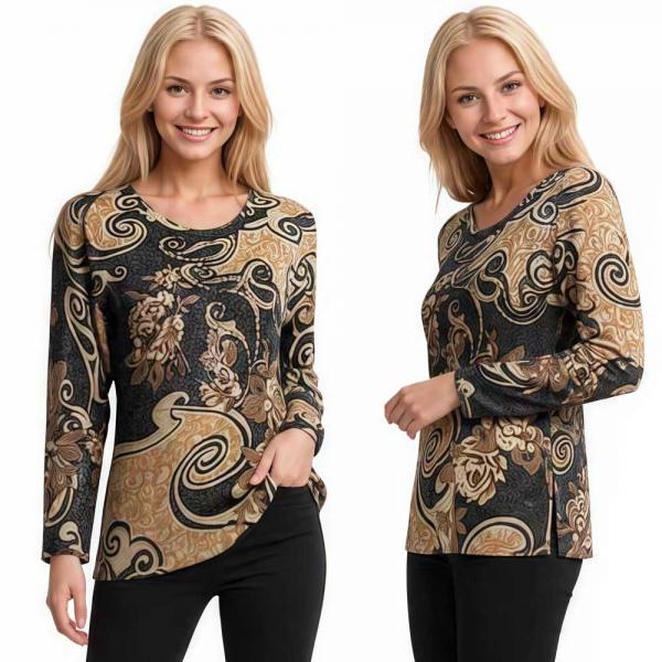 1227 - Beaded Long Sleeve Tops - #057<br>Swirl Metallic Floral - Black-Tan One Size Fits Medium to Large 1227 - Beaded Long Sleeve Tops #057<br>Swirl Metallic Floral - Black-Tan - One Size Fits Medium to Large