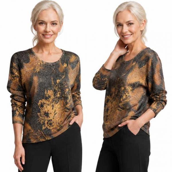 1227 - Beaded Long Sleeve Tops - #023<br>
Feathers Metallic Floral - Black-Gold One Size Fits Medium to Large 1227 - Beaded Long Sleeve Tops #023<br>
Feathers Metallic Floral - Black-Gold - One Size Fits Medium to Large