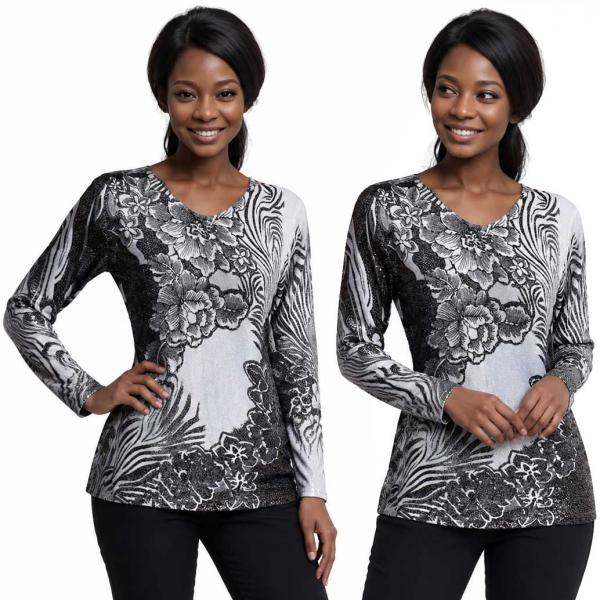 1227 - Beaded Long Sleeve Tops - #069<br>
Zebra Swirl Metallic Floral - Black-Silver One Size Fits Medium to Large 1227 - Beaded Long Sleeve Tops #069<br>
Zebra Swirl Metallic Floral - Black-Silver - One Size Fits Medium to Large
