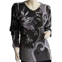 Slinky Style Tops - Beaded Long Sleeve - Abstract Metallic Floral - Black-Silver