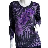 Slinky Style Tops - Beaded Long Sleeve - Brushstrokes Metallic Floral - Black-Purple