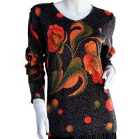 Slinky Style Tops - Beaded Long Sleeve - Flowers and Dots Metallic - Black-Orange