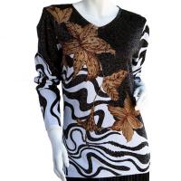 Slinky Style Tops - Beaded Long Sleeve - Flowers and Swirl Metallic - Black-Tan-White