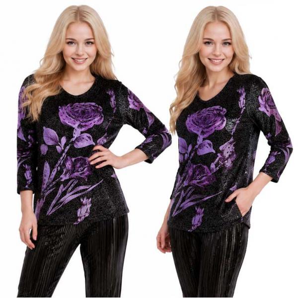 1227 - Beaded Long Sleeve Tops - #047<br>Rose Metallic Floral - Black-Purple One Size Fits Medium to Large 1227 - Beaded Long Sleeve Tops #047<br>Rose Metallic Floral - Black-Purple - One Size Fits Medium to Large