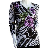 Slinky Style Tops - Beaded Long Sleeve - Abstract Metallic Art - Black-White-Purple