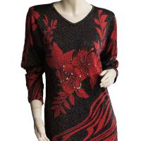 Slinky Style Tops - Beaded Long Sleeve - Zebra Metallic Floral - Black-Red