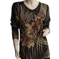Slinky Style Tops - Beaded Long Sleeve - Brushstrokes Metallic Floral - Black-Tan
