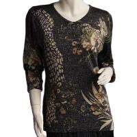 Slinky Style Tops - Beaded Long Sleeve - Giraffe Metallic Floral - Black-Tan