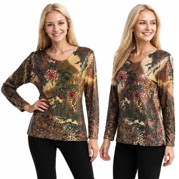 1227 - Beaded Long Sleeve Tops - #053<br>Stencil Metallic Floral - Brown-Tan One Size Fits Medium to Large 1227 - Beaded Long Sleeve Tops #053<br>Stencil Metallic Floral - Brown-Tan - One Size Fits Medium to Large