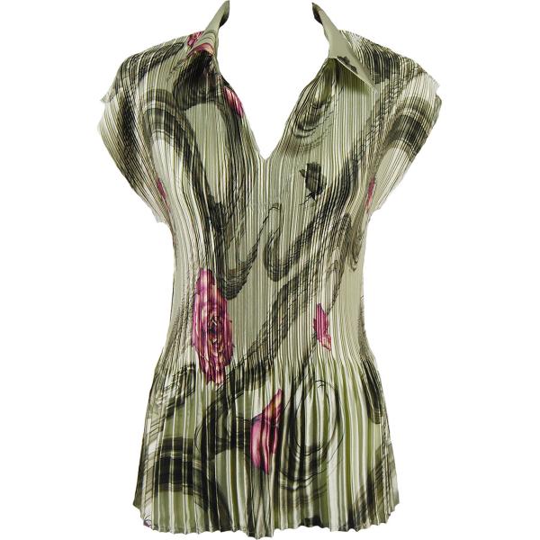 Wholesale 1277 - Satin Mini Pleats - Cap Sleeve with Collar Multi Green Floral Satin Mini Pleat - Cap Sleeve with Collar - One Size Fits Most