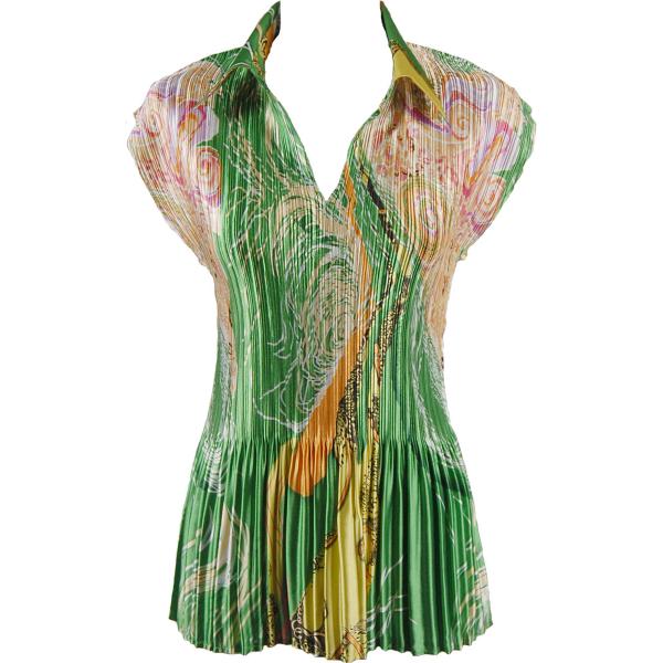 Wholesale 1148 - Satin Mini Pleats Blouses Swirl Green-Gold Satin Mini Pleat - Cap Sleeve with Collar - One Size Fits Most