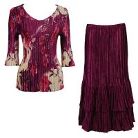 Sets Satin Mini Pleat - Three Quarter V-Neck - Rose Floral Berry - Ruby Skirt
