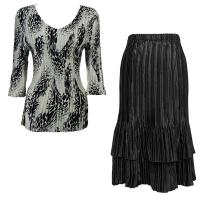 Sets Satin Mini Pleat - Three Quarter V-Neck - White-Black Swirl Dots - Black Skirt