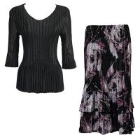 Sets Satin Mini Pleat - Three Quarter V-Neck - Solid Black - Brushstrokes Black-Purple Skirt