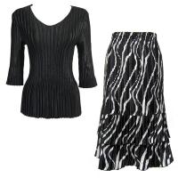 Sets Satin Mini Pleat - Three Quarter V-Neck - Solid Black - Ribbon Black-White Skirt
