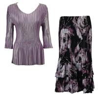 Sets Satin Mini Pleat - Three Quarter V-Neck - Solid Dusty Purple - Brushstrokes Black-Purple Skirt