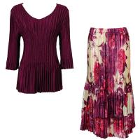 Sets Satin Mini Pleat - Three Quarter V-Neck - Solid Ruby - Rose Floral Berry Skirt