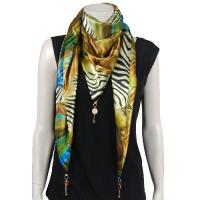 Scarves - Satin Triangle with Pendants - Abstract Zebra Gold-Blue