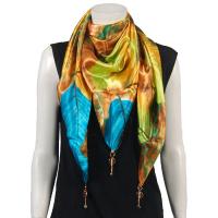 Scarves - Satin Triangle with Pendants - Leaves Turquoise-Green-Copper