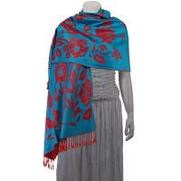 Pashmina Style Shawls-Woven Jacquard and Two-Tone  - Butterflies and Flowers - Turquoise/Red