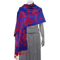Pashmina Style Shawls-Woven Jacquard and Two-Tone  - Butterflies and Flowers - Royal Blue/Red