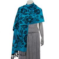Pashmina Style Shawls-Woven Jacquard and Two-Tone  - Butterflies and Flowers - Turquoise/Black