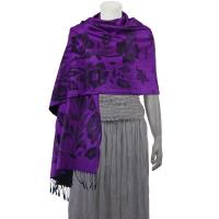Pashmina Style Shawls-Woven Jacquard and Two-Tone  - Butterflies and Flowers - Purple/Black