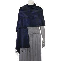 Pashmina Style Shawls-Woven Jacquard and Two-Tone  - Butterflies and Flowers - Navy/Black