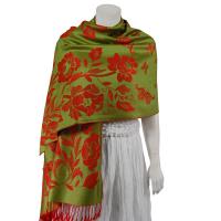 Pashmina Style Shawls-Woven Jacquard and Two-Tone  - Butterflies and Flowers - Green/Red
