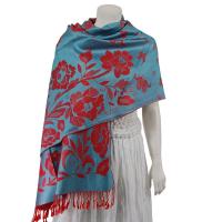 Pashmina Style Shawls-Woven Jacquard and Two-Tone  - Butterflies and Flowers - Pale Blue/Red
