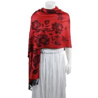 Pashmina Style Shawls-Woven Jacquard and Two-Tone  - Butterflies and Flowers - Red Brick/Black