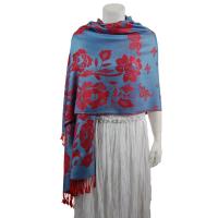 Pashmina Style Shawls-Woven Jacquard and Two-Tone  - Butterflies and Flowers - Denim/Red