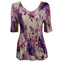 Overstock Tops - Satin Mini Pleats Half Sleeve V-Neck - Abstract Floral Raspberry-Navy