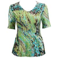 Overstock Tops - Satin Mini Pleats Half Sleeve V-Neck - Lime-Aqua Peacock