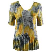 Overstock Tops - Satin Mini Pleats Half Sleeve V-Neck - Patchwork Swirl Yellow-Silver