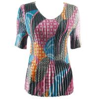 Overstock Tops - Satin Mini Pleats Half Sleeve V-Neck - Patchwork Circle Bright Tones