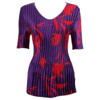 Overstock Tops - Satin Mini Pleats Half Sleeve V-Neck - Red Tulips on Purple