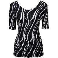 Overstock Tops - Satin Mini Pleats Half Sleeve V-Neck - Ribbon Black-White