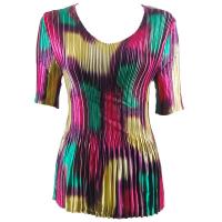 Overstock Tops - Satin Mini Pleats Half Sleeve V-Neck - Spots Purple-Pink-Green-Yellow