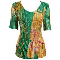 Overstock Tops - Satin Mini Pleats Half Sleeve V-Neck - Swirl Green-Gold
