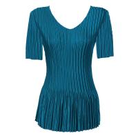 Overstock Tops - Satin Mini Pleats Half Sleeve V-Neck - Solid Dark Teal