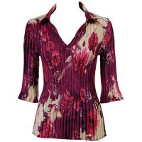 Overstock Tops - Satin Mini Pleats Three Quarter w/ Collar - Rose Floral - Berry