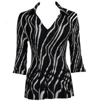 Overstock Tops - Satin Mini Pleats Three Quarter w/ Collar - Ribbon Black-White