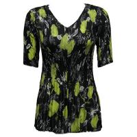 Overstock Tops - Georgette Mini Pleats Half Sleeve V-Neck - Black-Kiwi Floral