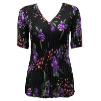 Overstock Tops - Georgette Mini Pleats Half Sleeve V-Neck - Black-Purple Floral